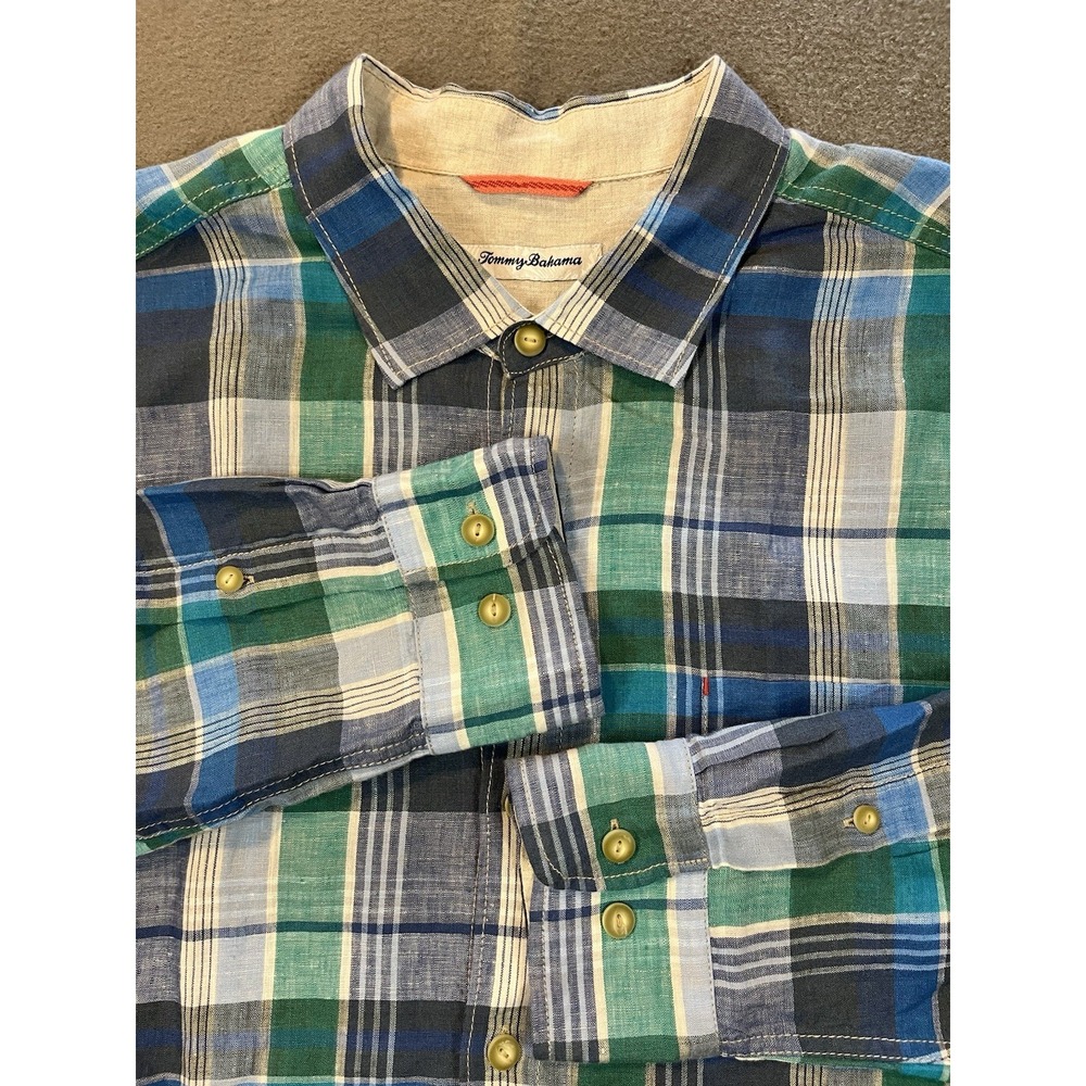 Tommy Bahama Mens 100% LINEN LS BUTTON UP SHIRT XL Relaxed Blue Green Plaid Logo
